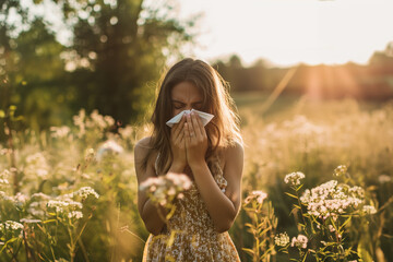 female person in a field blowing her nose, person with allergies standing in a field, person with pollen allergy blowing his nose  - obrazy, fototapety, plakaty