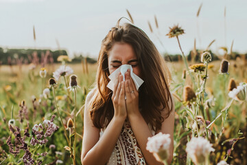 female person in a field blowing her nose, person with allergies standing in a field, person with pollen allergy blowing his nose 