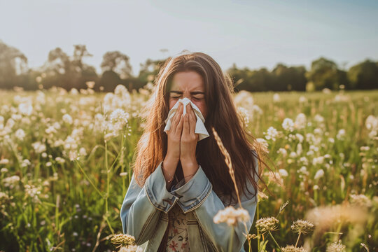 female person in a field blowing her nose, person with allergies standing in a field, person with pollen allergy blowing his nose 