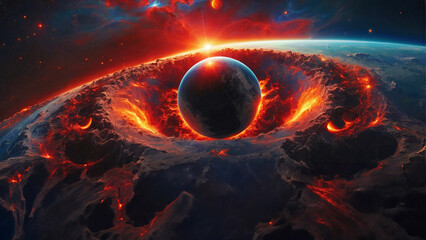 Dramatic digital illustration of planets colliding amidst a starry space backdrop. A visual representation of climate change-induced apocalypse and natural disaster. AI-Generated