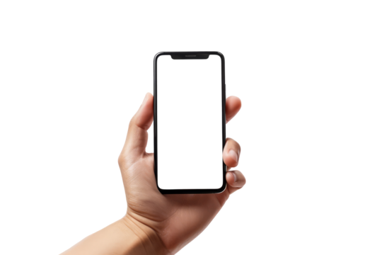 Close up hand holding holding black mobile phone with blank white screen isolated on transparent background With clipping path.3d render