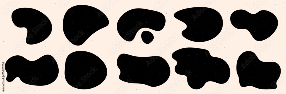 Poster Organic shapes collection. Black irregular blobs with grain and noise texture. Abstract vector elements. Liquid forms space for text