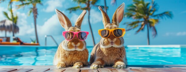 two Easter bunnies on vacation by swimming pool, palm trees in background