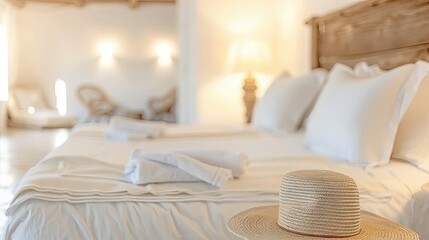 Inviting hotel room with a straw hat on the bed.