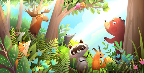 Cute forest animals among trees in woods, panorama landscape scenery for kids. Happy animals characters in nature, cartoon wallpaper. Vector hand drawn illustration in watercolor style for children.