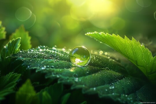 Photorealistic image of a dewdrop on a leaf, magnifying the world