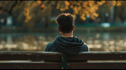Young man sitting on a bench in the park and looking into the distance - obrazy, fototapety, plakaty