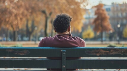Man sits on a bench in a fall park - obrazy, fototapety, plakaty