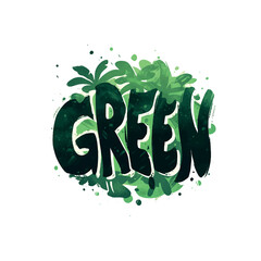 Green is the color of nature and it represents life, growth, and vitality. A green word that is written in a playful and artistic style, with a green background and a green tree