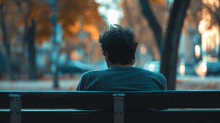 Back view of young man sitting on a bench in the park at sunset - obrazy, fototapety, plakaty