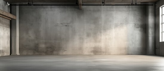 An empty room with a concrete rectangle wall and a window looking out onto the grey asphalt road surface. The flooring is wood with tints and shades of cloud