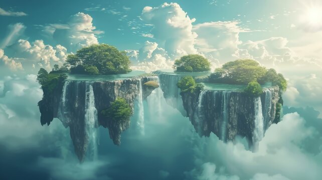 Surrealist ad for a travel agency, featuring floating islands and waterfalls defying gravity