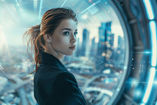 A picture of a glamorous businesswoman set against a futuristic backdrop.