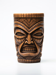 Tiki cup mug face wooden white background