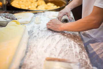 Picture of the process of making food from carbohydrate flour ingredients and frying them in hot oil.