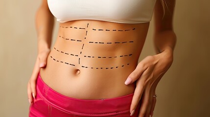 Midsection of a person with dashed lines indicating plastic surgery. - obrazy, fototapety, plakaty