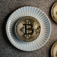 cryptocurrency bitcoin on a plate on a table in a restaurant