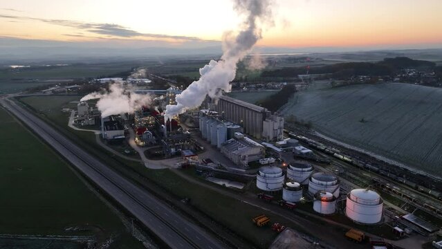 Aerial drone view of methanol and ethanol factory. Polish producer of bioethanol and ethanol produced from corn grain. The production plant is located near Nysa in Poland. Methanol and ethanol plant.	
