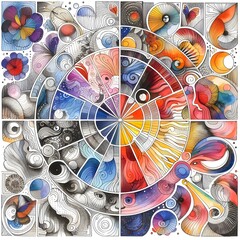 Black and white + rainbow watercolors surrealism mosaic