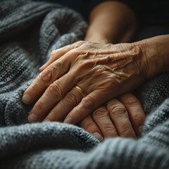 Fototapeta premium A woman's hand is resting on another woman's hand, with a gold ring on her finger.