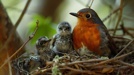 A mother and baby bird are sitting in a nest with two other baby birds