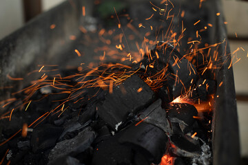 Embers and sparks. Lighting coals in the kitchen. Small sparks fly in all directions.