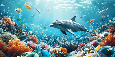 A colorful underwater scene with a dolphin swimming in the middle