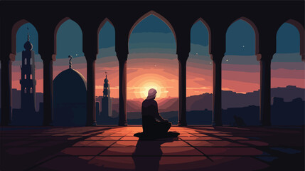 In a quiet mosque illuminated by the soft glow 