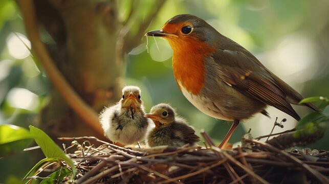 A mother and baby bird are sitting in a nest with two other baby birds