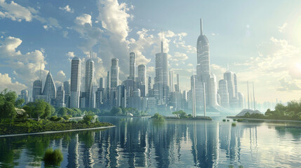 A futuristic skyline dotted with energy-efficient buildings equipped with advanced climate control...