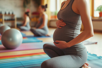 A pregnant woman in gym clothes sits on a yoga mat at a fitness gym and touches her belly - Powered by Adobe