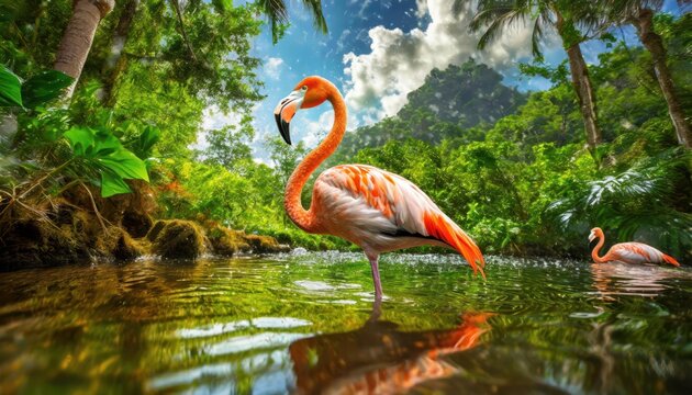 Portrait of a beautiful flamingo in the water; tropical bird with natural background