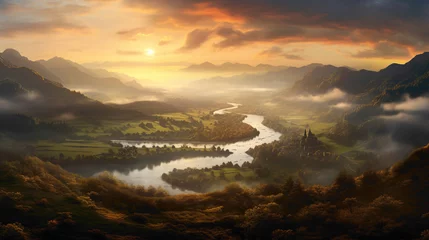 Fotobehang A mist-covered valley at sunrise, where a winding river reflects the first light of day against a backdrop of rolling hills. © usman