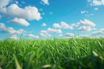 Fototapeta premium Vast Green Grass Field Under Blue Sky