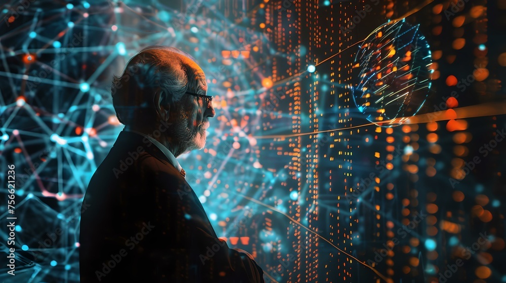 Poster futuristic visualization of data and networks surrounding a focused man engaged in technology analys
