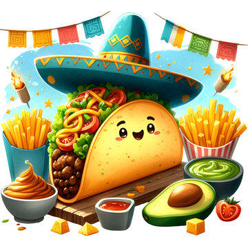 cute taco sombrero fries avocado food clip art preview