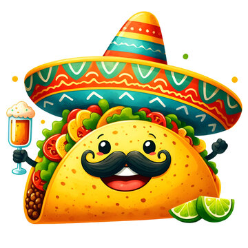 happy taco wearing sombrero holding beer clip art preview