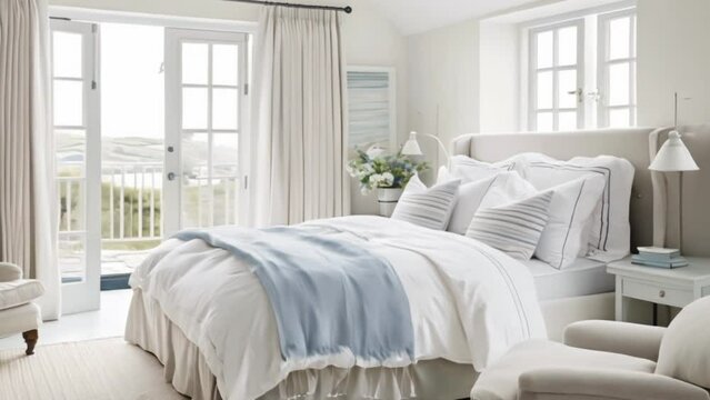 White coastal cottage bedroom decor, interior design and home decor, bed with elegant bedding and bespoke furniture, English country house and holiday rental