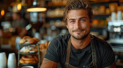 Portrait of Startup successful small business owner in coffee shop.handsome man barista cafe owner - obrazy, fototapety, plakaty