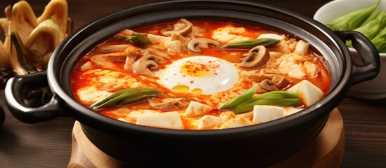A bowl of nutritious soup featuring an egg as a key ingredient. This flavorful stew is a popular dish in many cuisines around the world