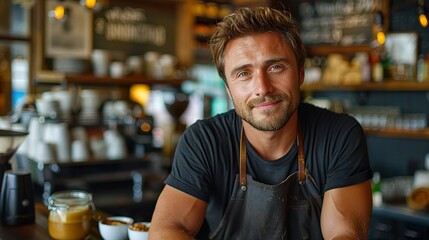 Portrait of Startup successful small business owner in coffee shop.handsome man barista cafe owner