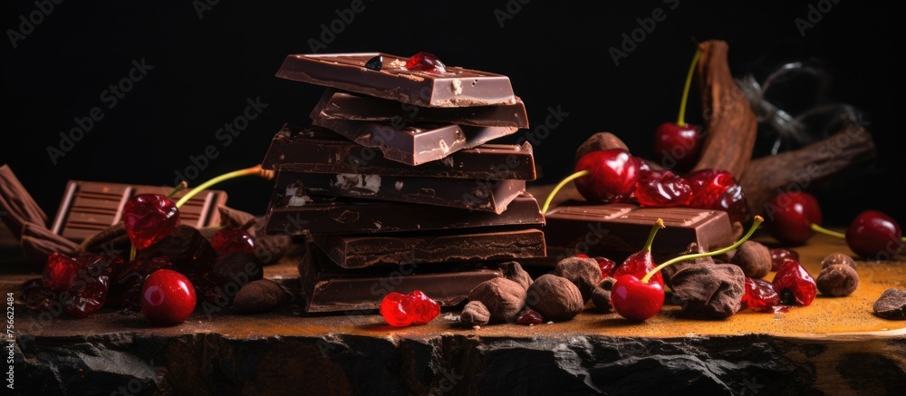 Sticker A stack of chocolate bars and cherries on a wooden table, creating a tempting display for an event. The contrast of carmine cherries against the dark wood adds a touch of elegance