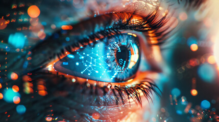 A human eye surrounded by virtual holographic elements representing biometric data for secure digital identification, highlighting the future of surveillance technology. 8K. -