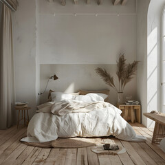 interior design concept for a Scandinavian-inspired bedroom with a focus on simplicity and natural material. 3d render.