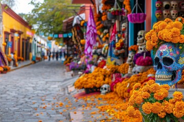 A street adorned with an abundance of orange flowers, creating a vibrant display for a Day of the Dead celebration.