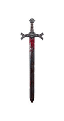 Fantasy Gothic medieval fantasy long sword. With dents, worn, cracked and weathered. Isolated transparent background PNG file. Sharp blade tip. Blood and honor. 
