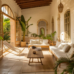 Gorgeous sunlit indoor patio of a spanish finca, mallorca, tropical, palmtrees, summertime, soft natural beige and olive green colors. 3d render.