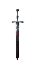 Fantasy Gothic medieval fantasy long sword. With dents, worn, cracked and weathered. Isolated transparent background PNG file. Sharp blade tip. Bloody blade.