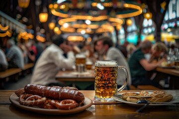 A glass of beer and delectable sausages sit invitingly on a rustic table, evoking the spirit of Oktoberfest celebrations. - obrazy, fototapety, plakaty