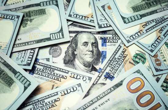 Many one hundred dollar bills background, USA federal federal reserve note. American dollar